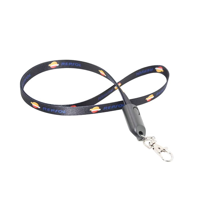 A black polyester lanyard with a clip, featuring a repeated logo pattern.