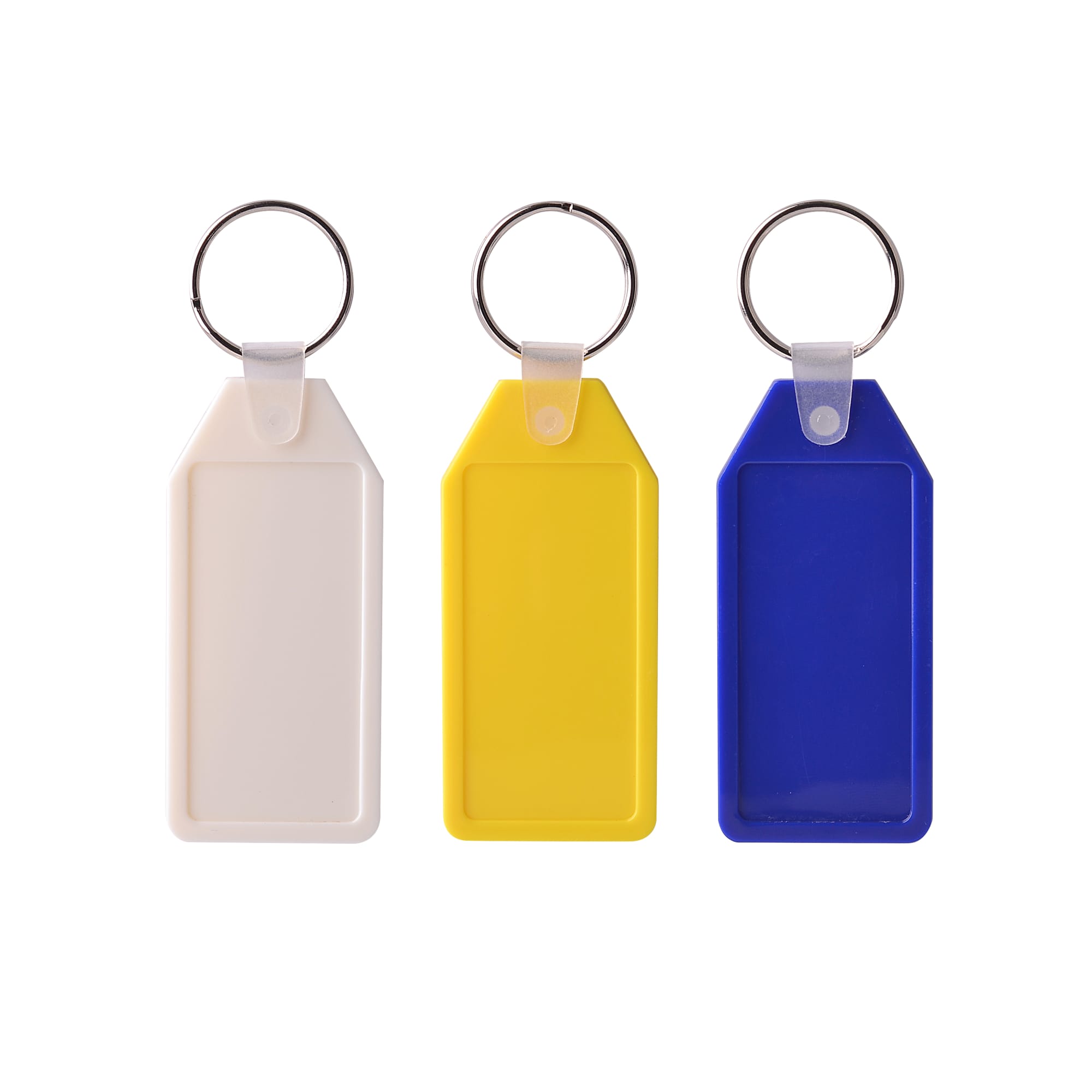 Three Long Hexagon Hard Plastic Keyrings in white, yellow, and blue, each with a silver metal keyring attachment.