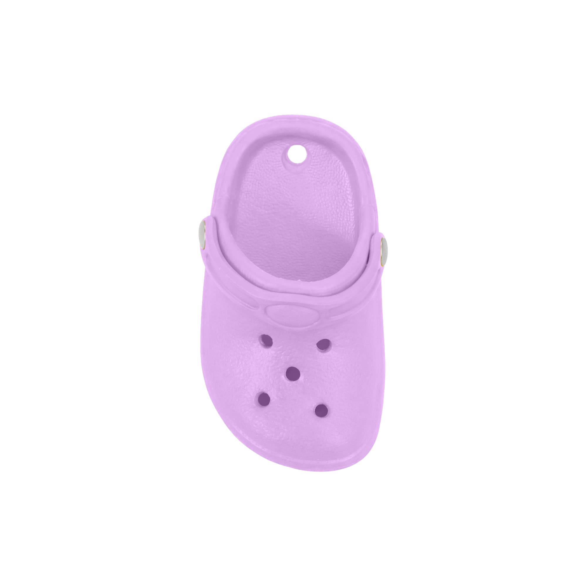 A purple clog shoe fridge magnet with holes and a strap, featuring a simple design and smooth surface.