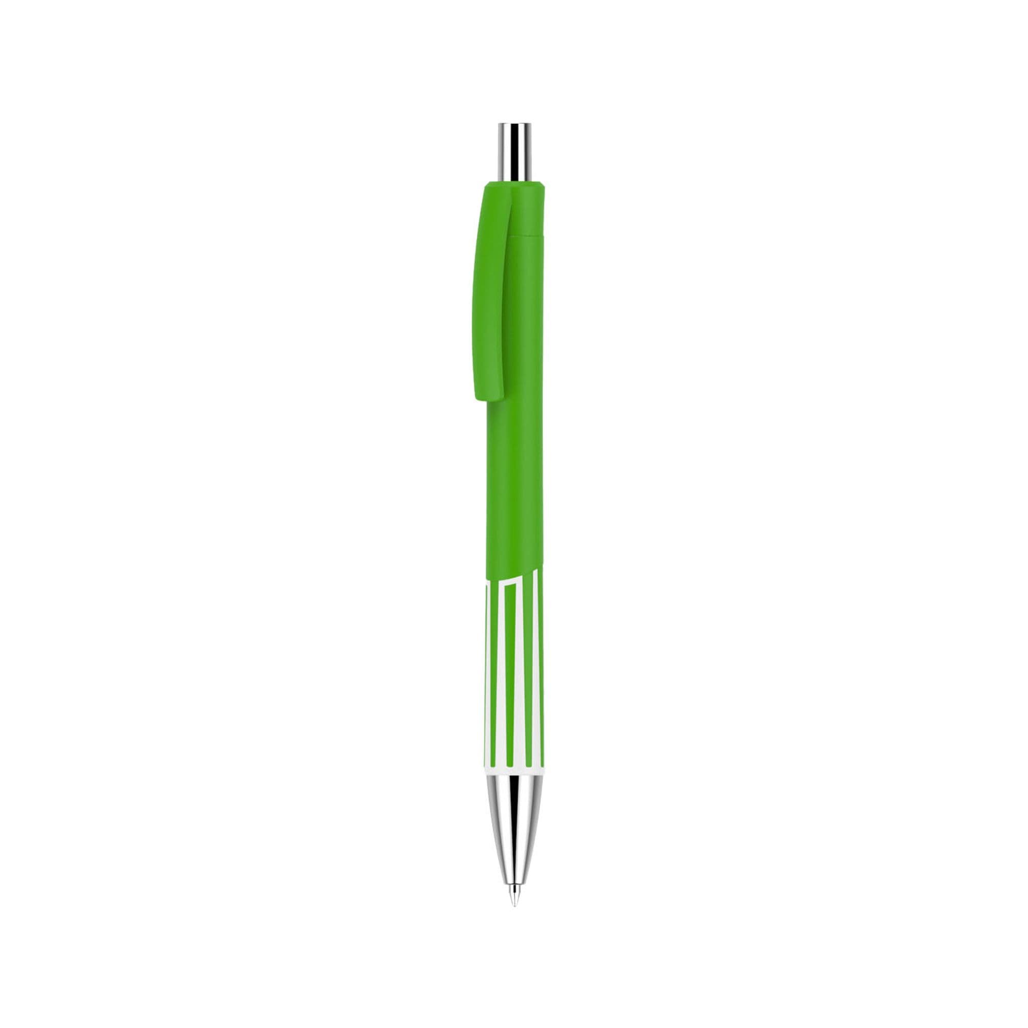 A green plastic pen with a silver tip and clip. The pen features a vibrant colour barrel design.