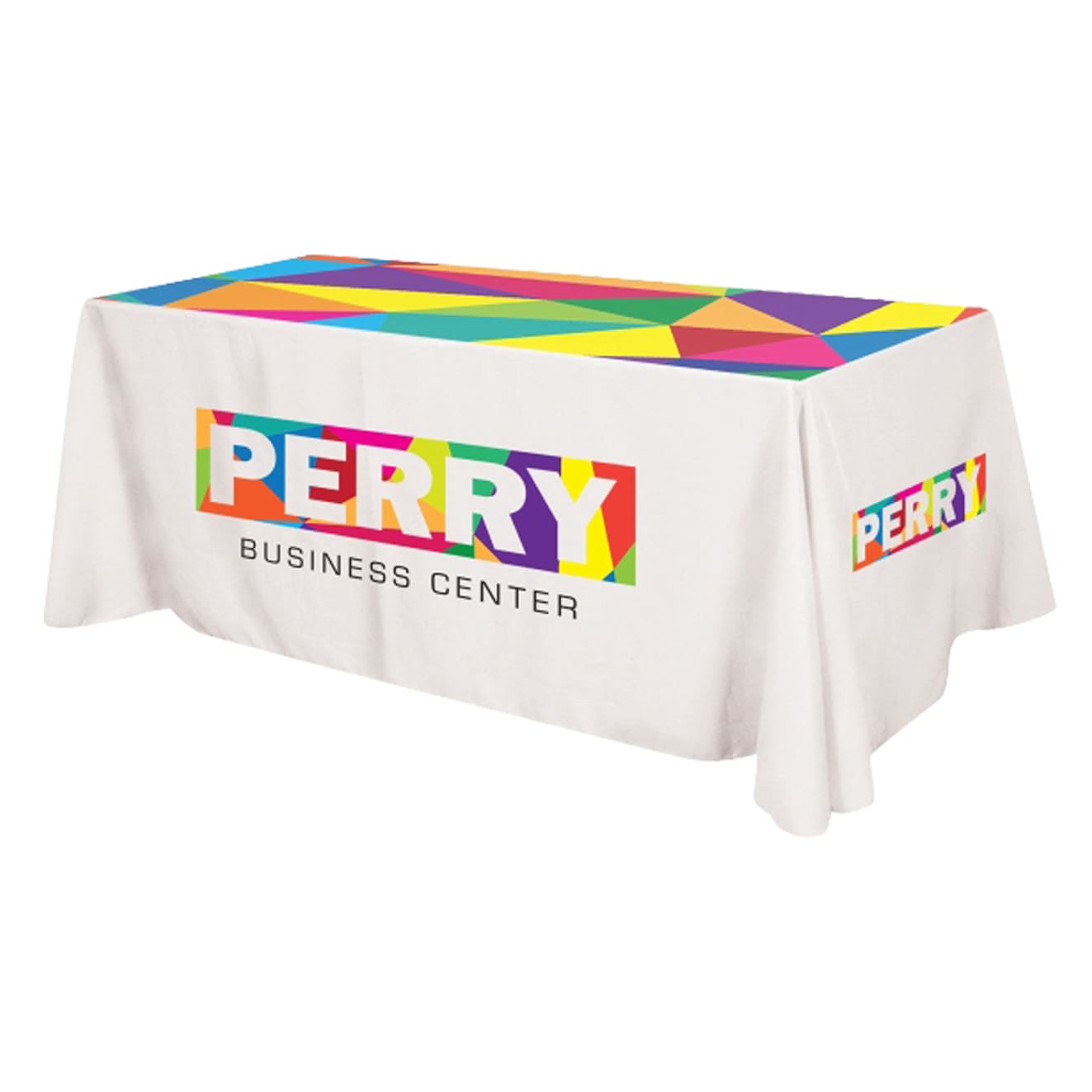 A 6ft, four-sided tablecloth in white featuring a colourful geometric design and a logo.