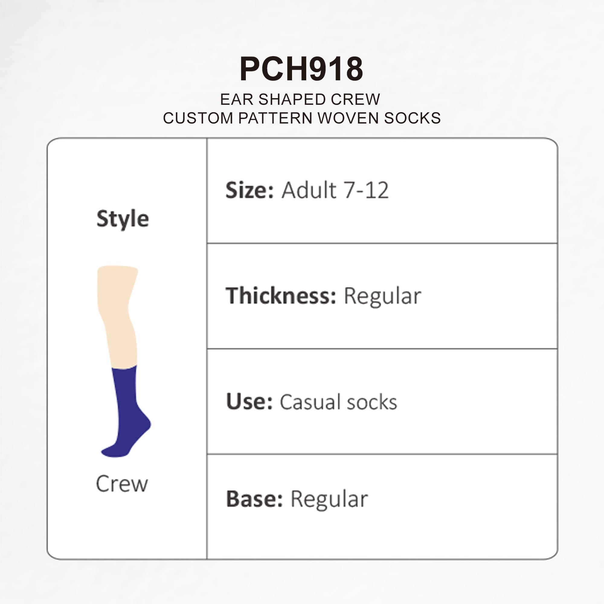 A pair of ear-shaped crew socks in purple, featuring a custom woven pattern and a regular thickness.