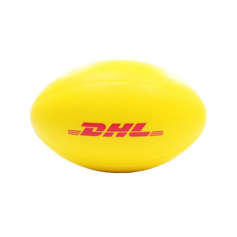 A yellow stress ball shaped like a rugby ball, featuring a logo in red.