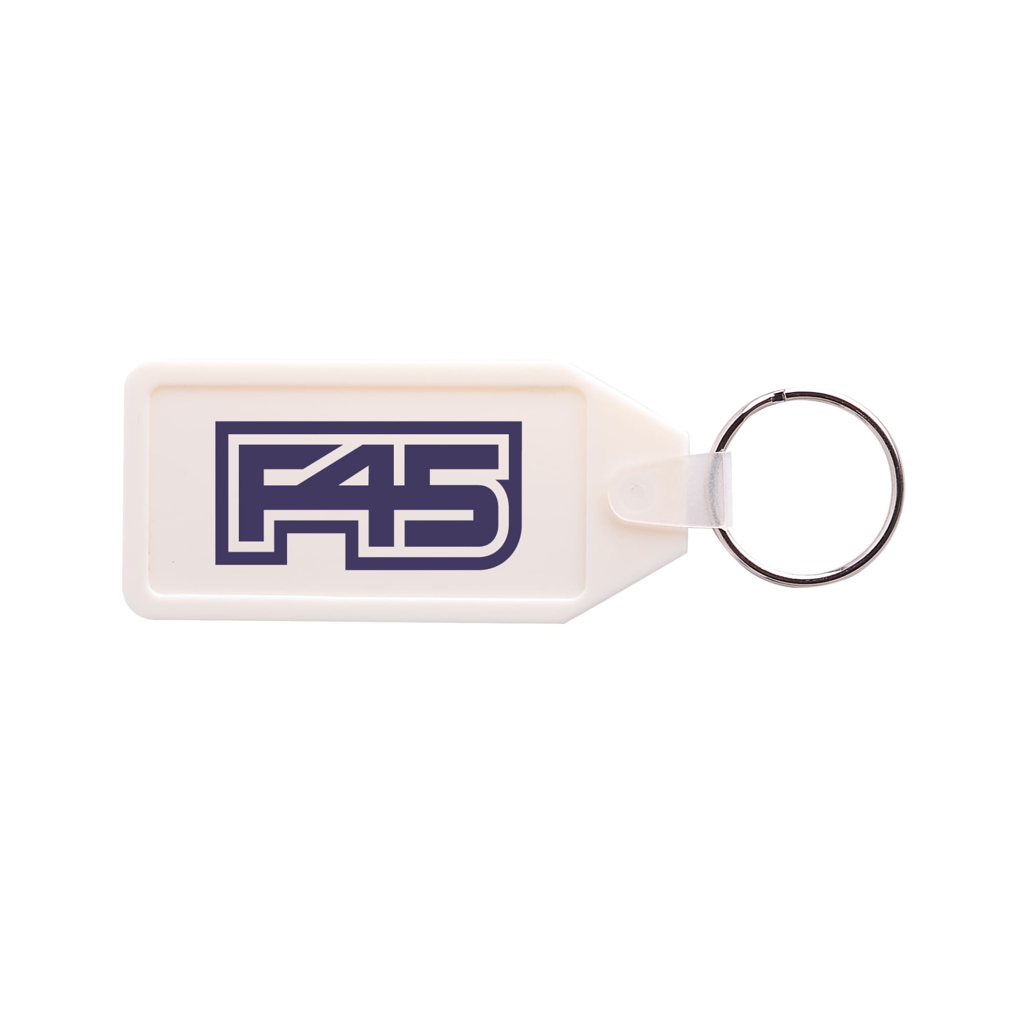 A white hard plastic keyring in a long hexagon shape with a logo on one side.