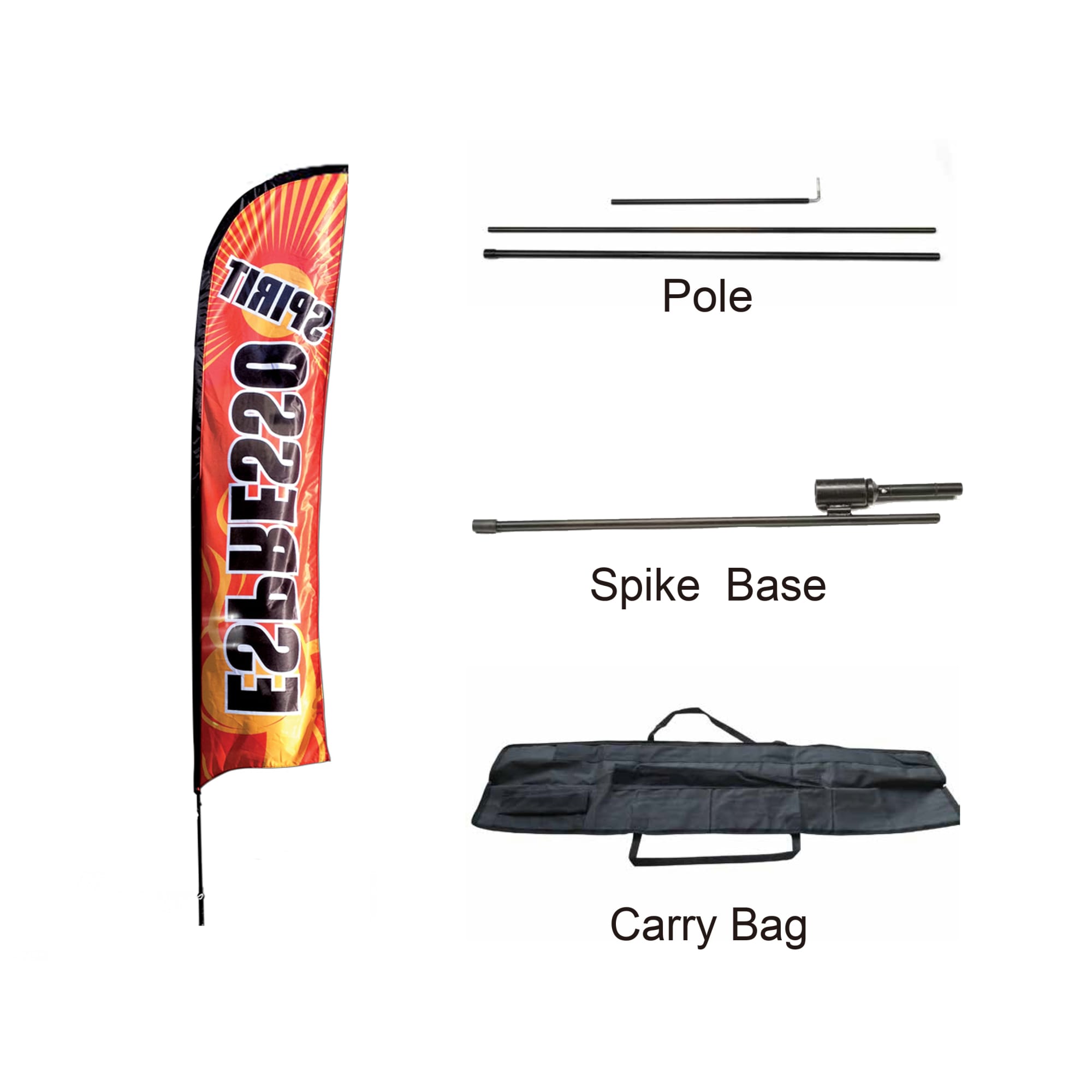 Medium straight feather banner in vibrant orange and red, includes pole, spike base, and carry bag.