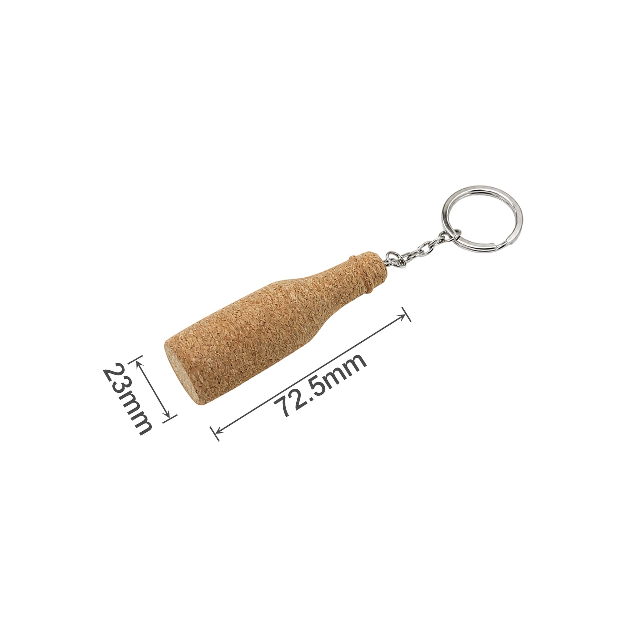 A drink bottle-shaped cork keyring in a natural cork colour with a silver keychain attachment.