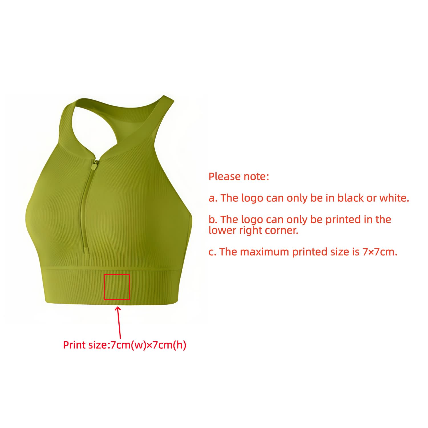 A green zip-front racerback yoga crop bra tank with a logo in the lower right corner.
