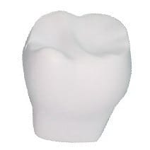 A white, tooth-shaped stress reliever, featuring a smooth, rounded design. It includes a logo on one side.