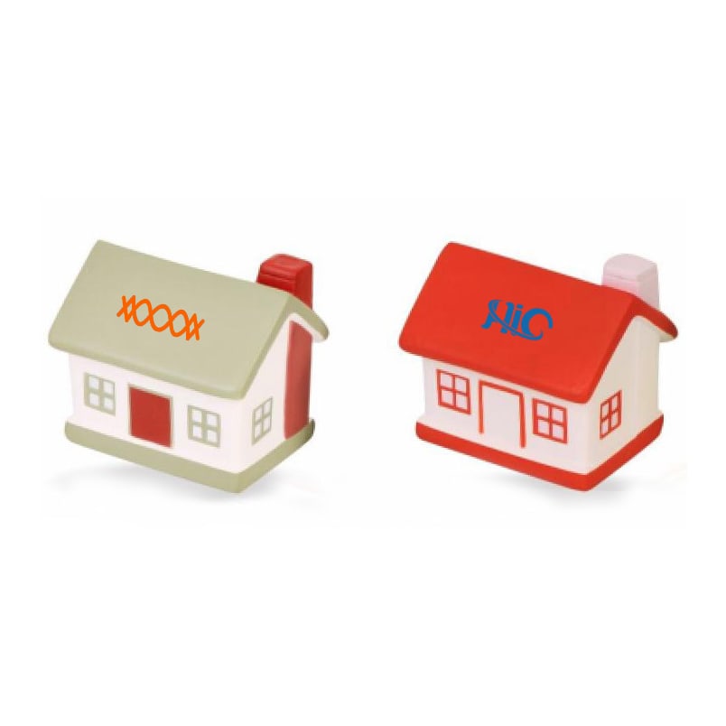 Two house-shaped stress relievers in red and white, featuring different designs and a logo on each.