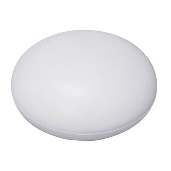 A white tablet-shaped stress reliever with a smooth surface, featuring a subtle logo.