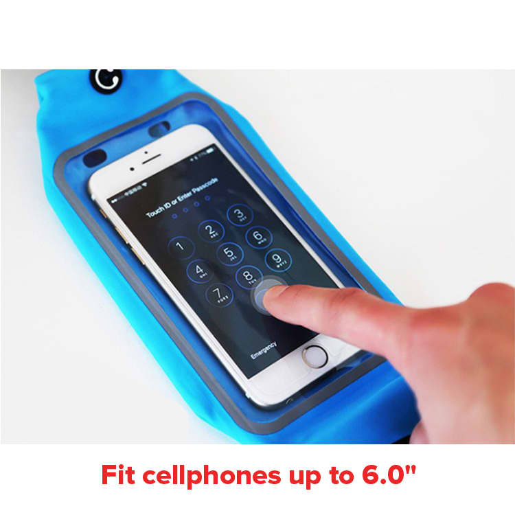 A blue sports waist bag features a clear pocket for a cellphone, designed to fit devices up to 6.0 inches.