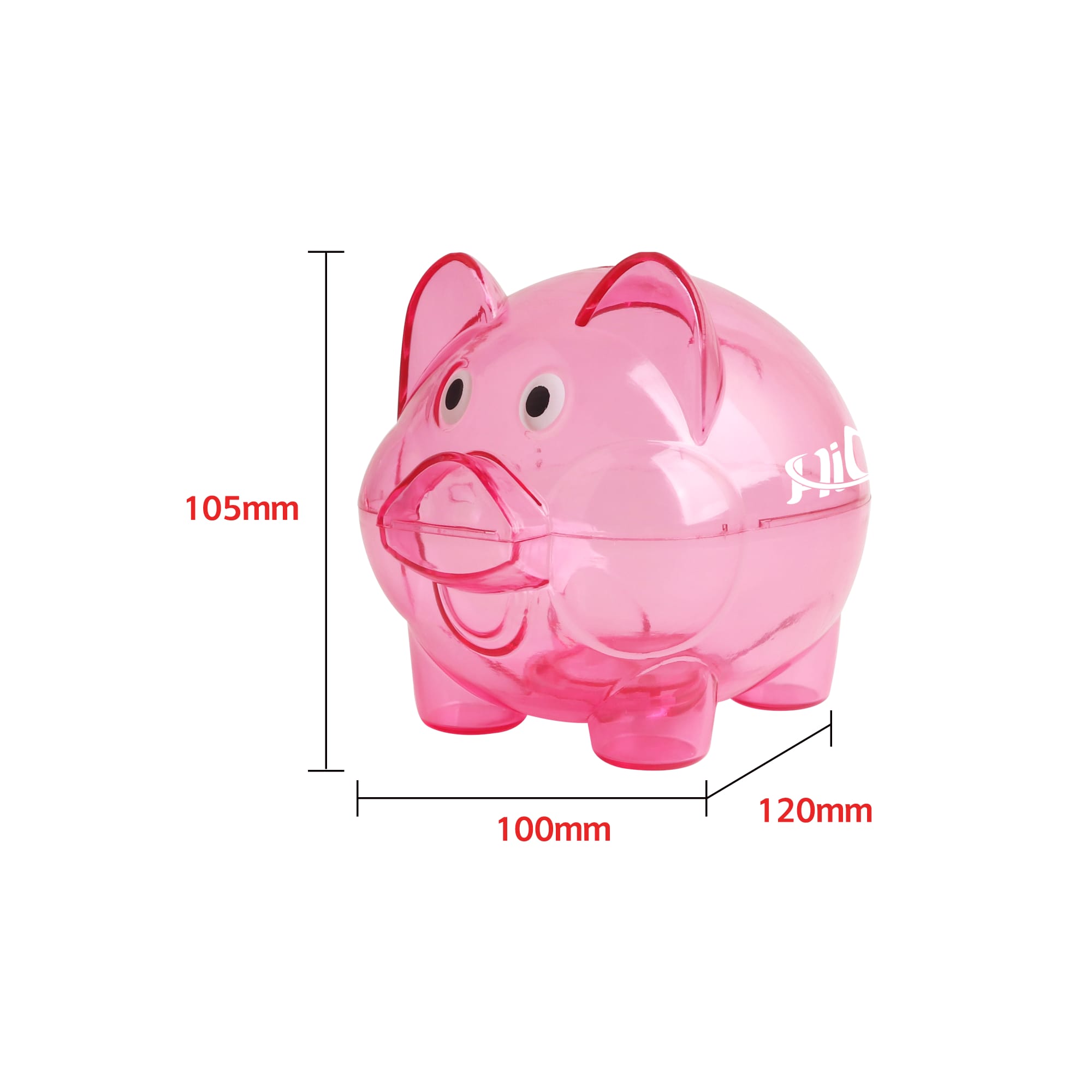 A pink piggy bank with a transparent body and cartoonish eyes, featuring a logo. Measures 105mm in height and 120mm in width.