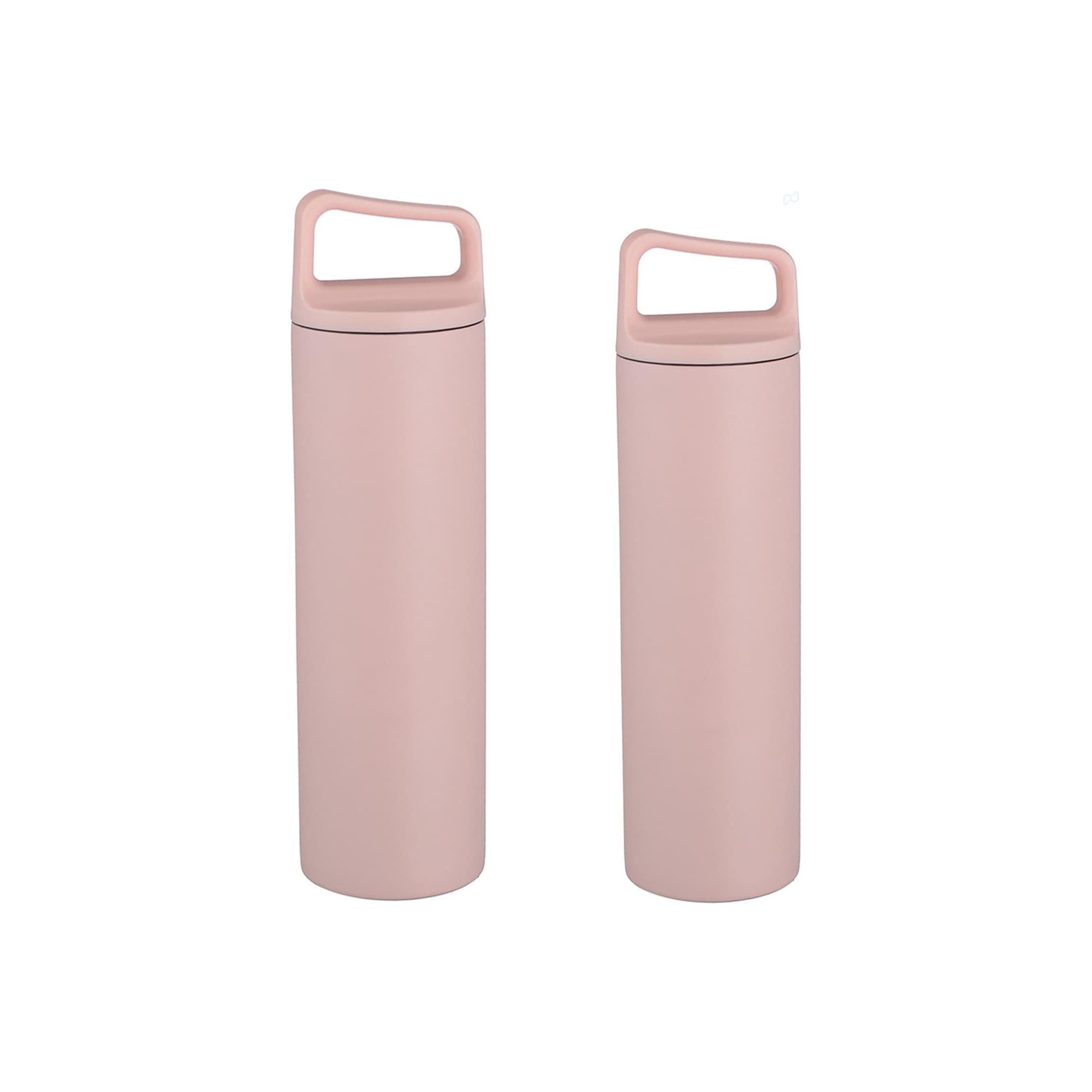 A drink bottle duo in soft pink, featuring a handle and made of stainless steel with a vacuum thermal design.