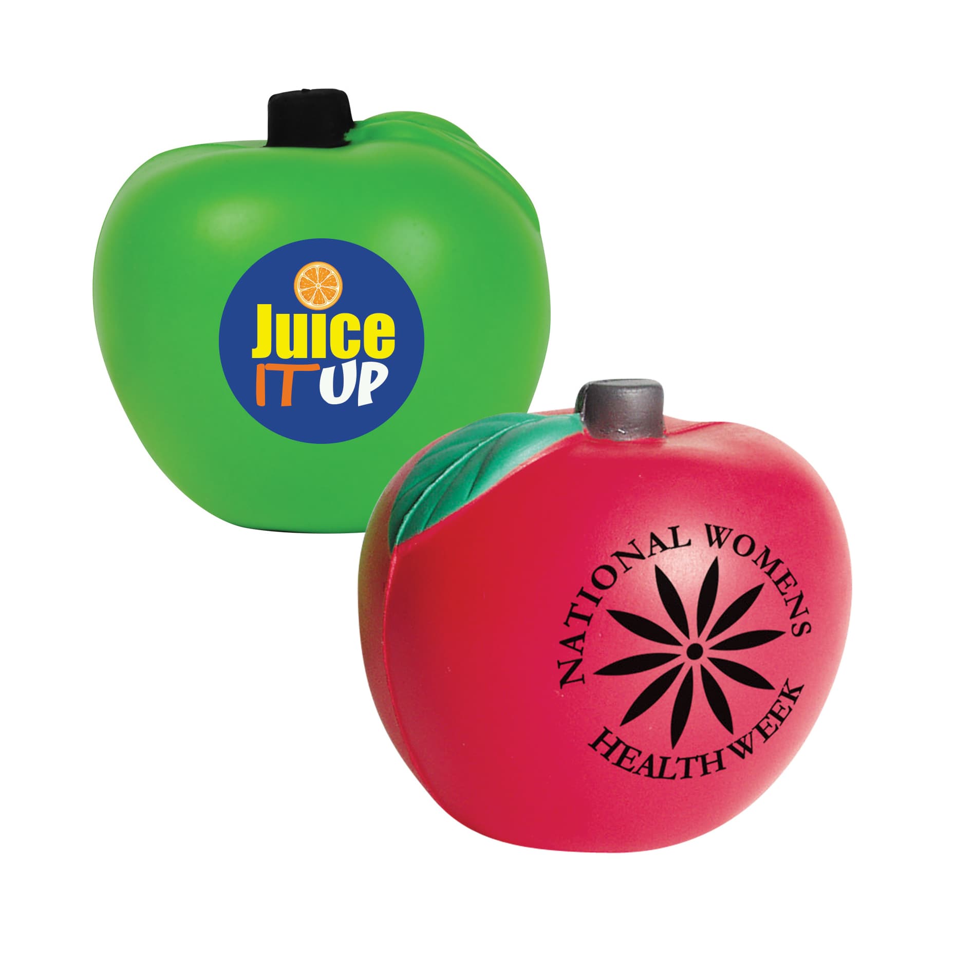 A green and red apple-shaped stress reliever with a logo on one side and text on the other.