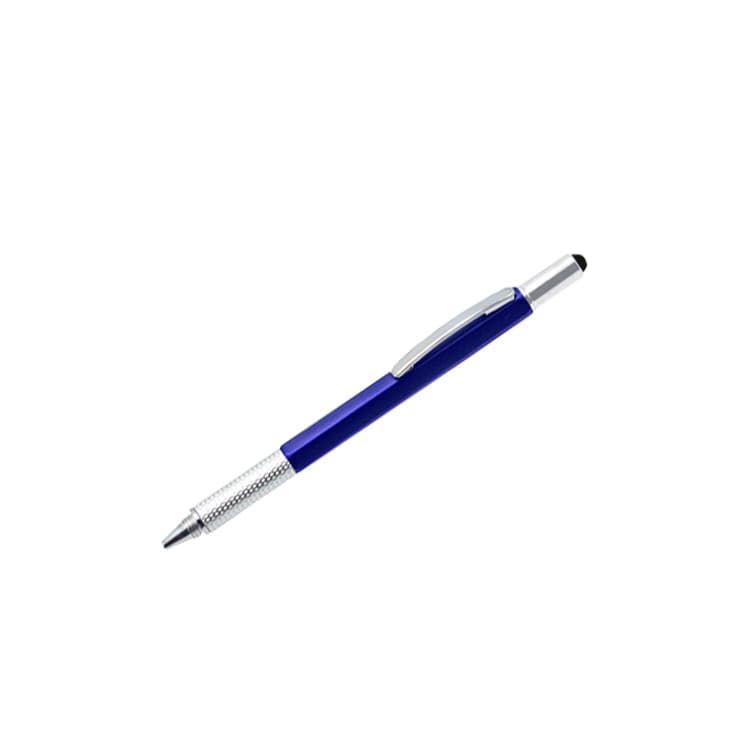 A metal pen with a blue body and silver accents, featuring a stylus tip on the end and branding visible.