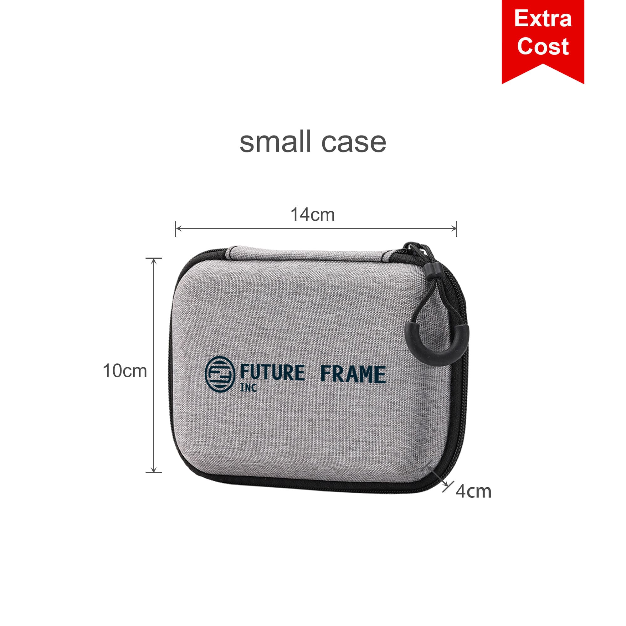 A small grey case with a zip closure and a logo, measuring 14cm by 10cm by 4cm.