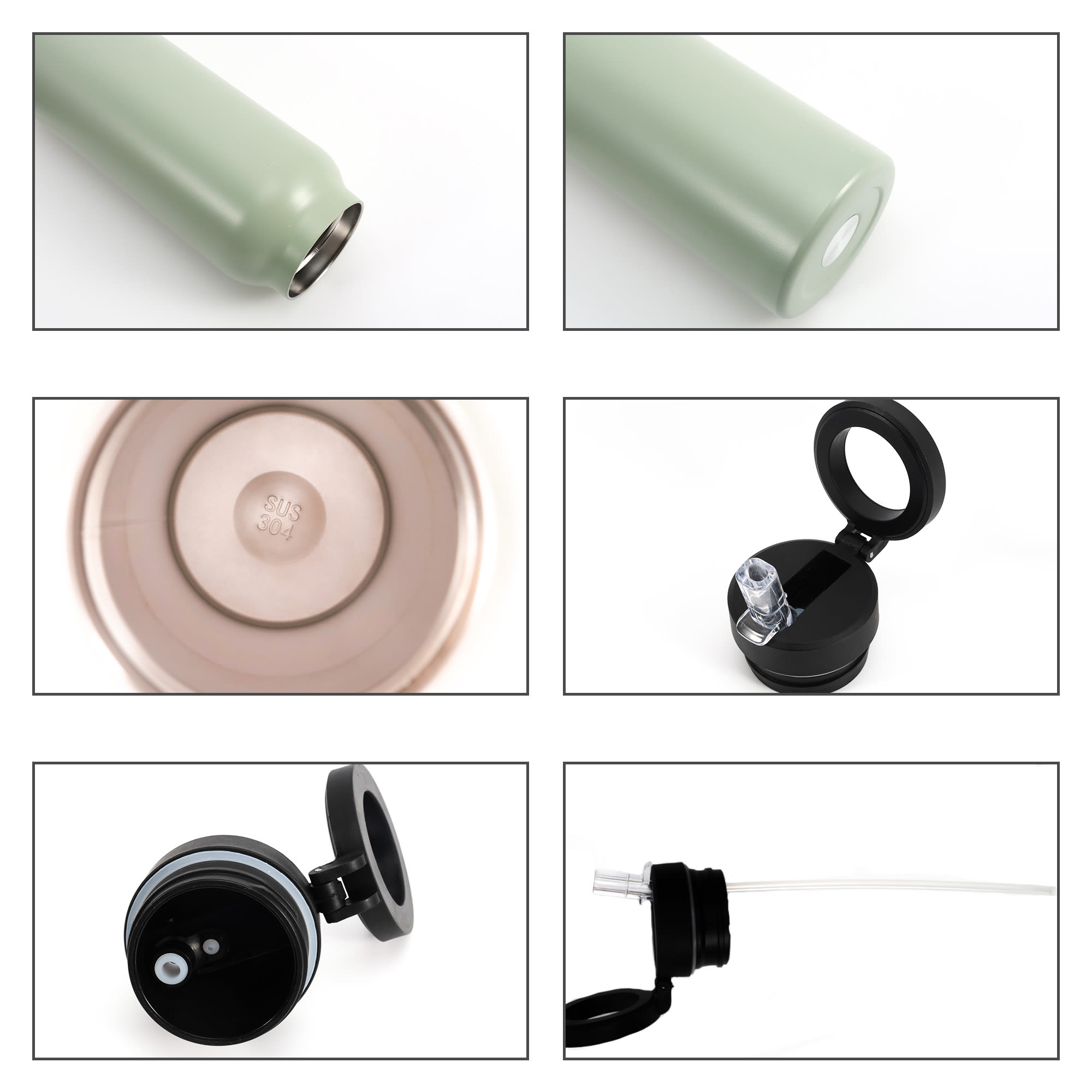 A drink bottle in green, featuring a stainless steel body, a magnetic phone holder, and a black lid with a straw.