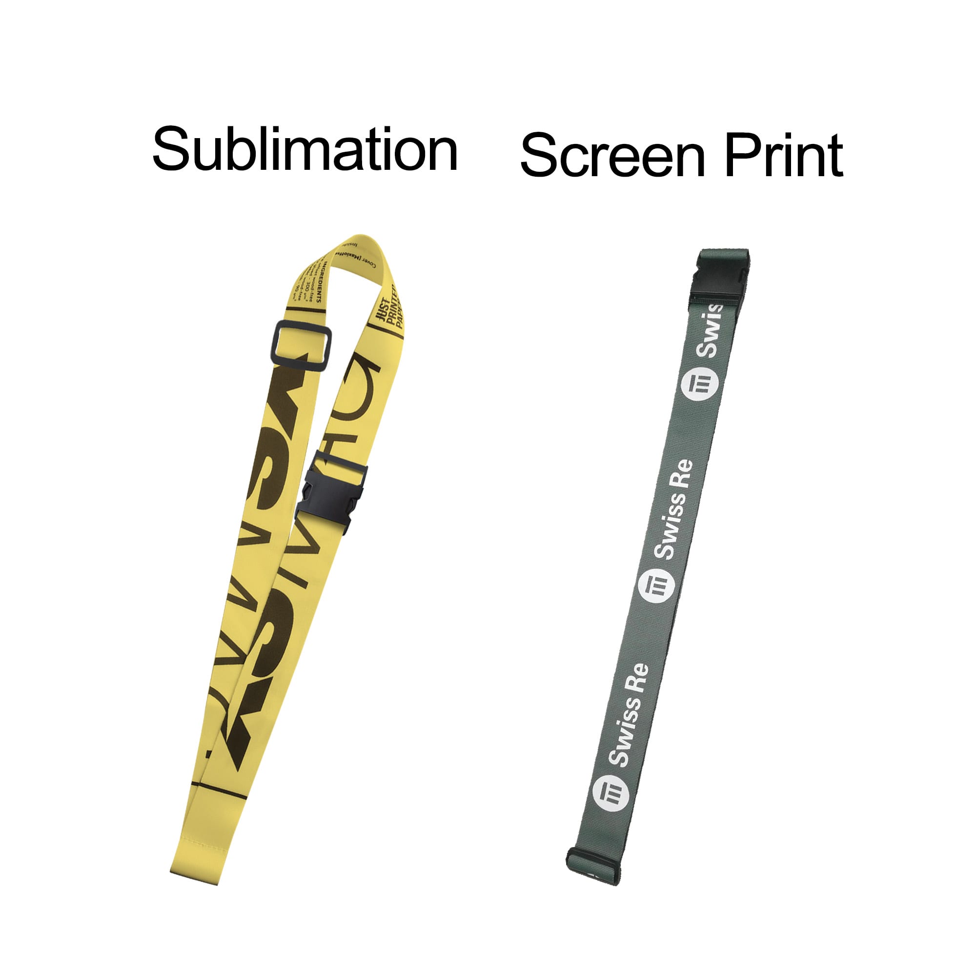 A yellow and a grey ribbed luggage belt, both featuring a logo, displayed side by side.