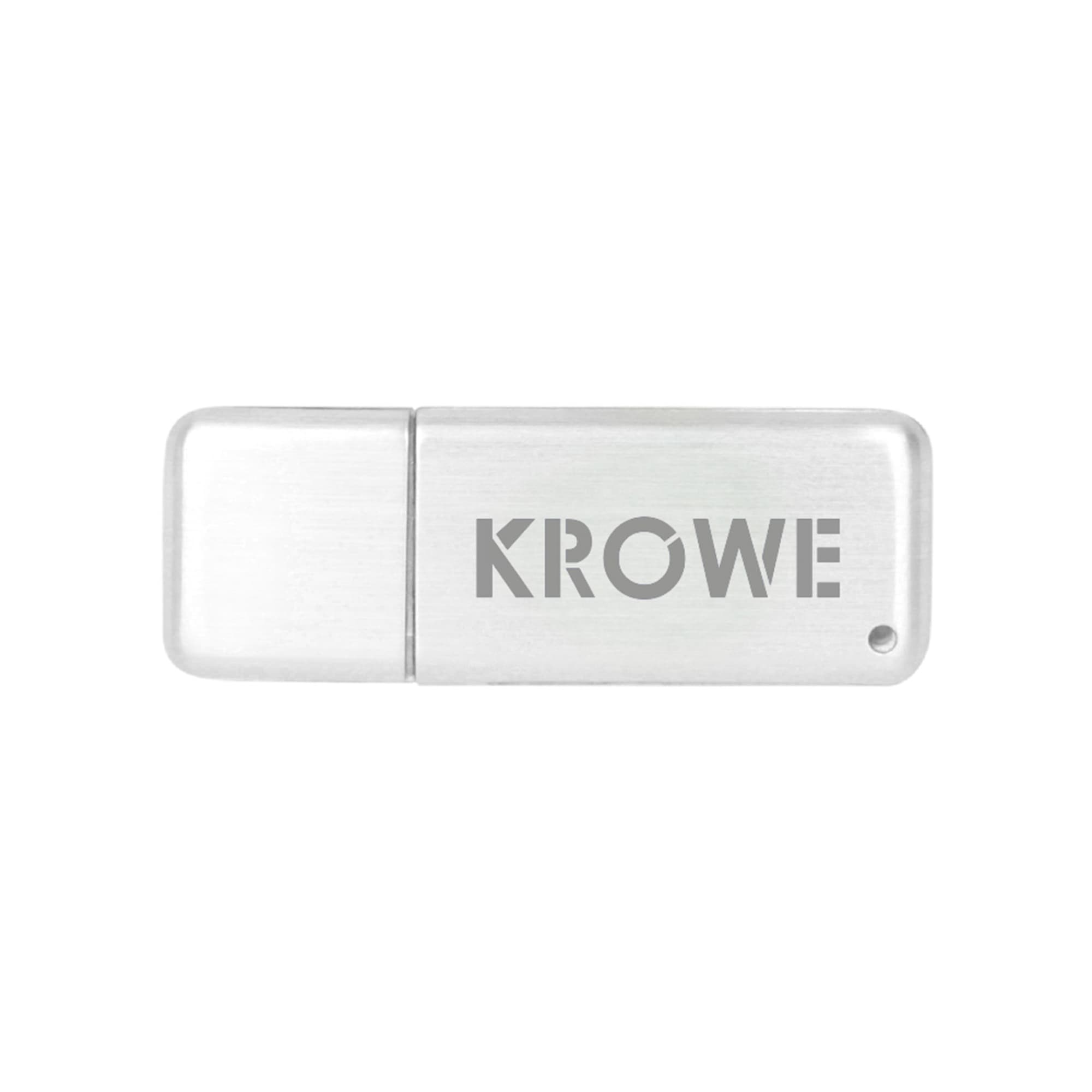 A silver flash drive with a branded logo, featuring a sleek, rectangular design.