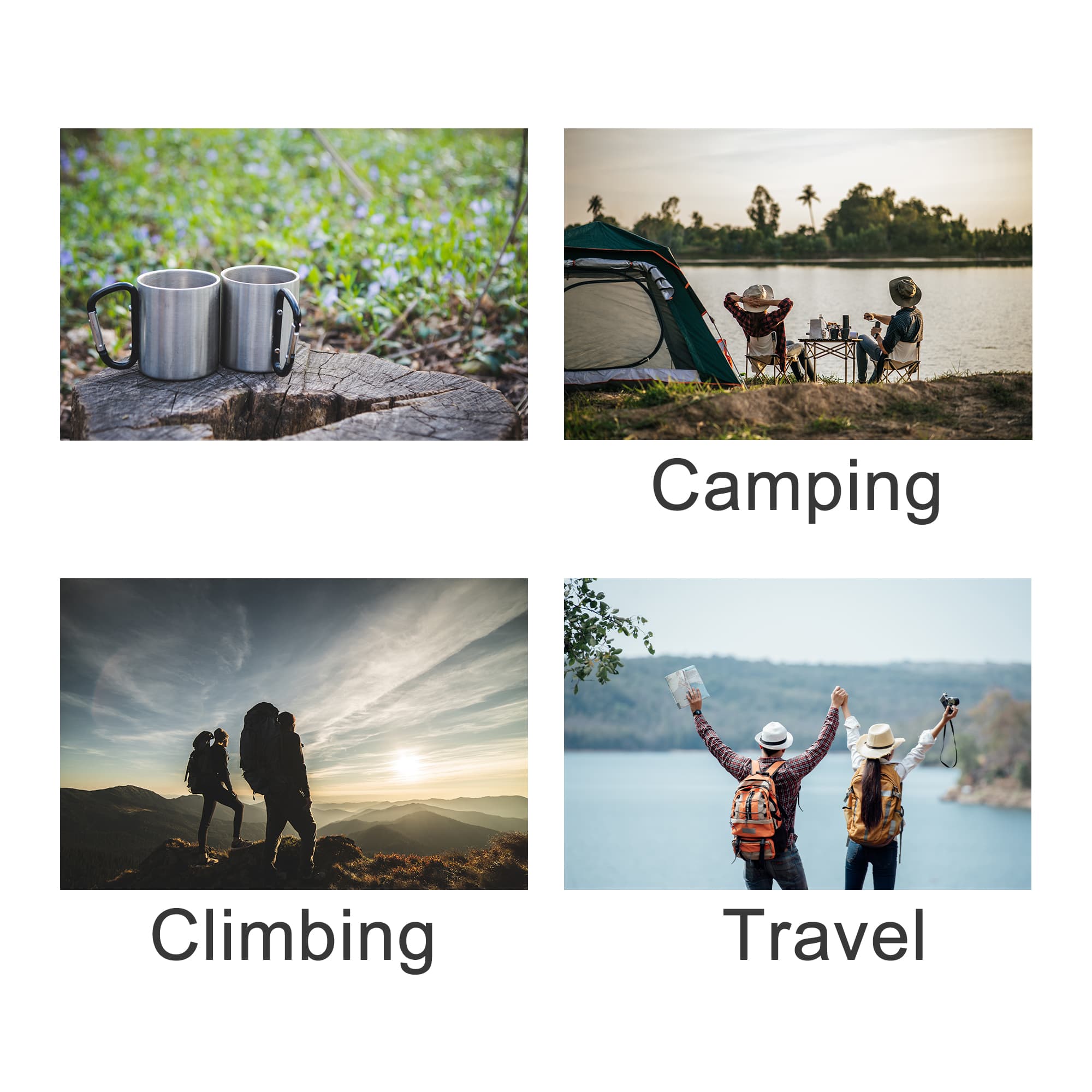 A stainless steel insulated travel mug with a carabiner handle, featuring a glossy finish and a sturdy design.