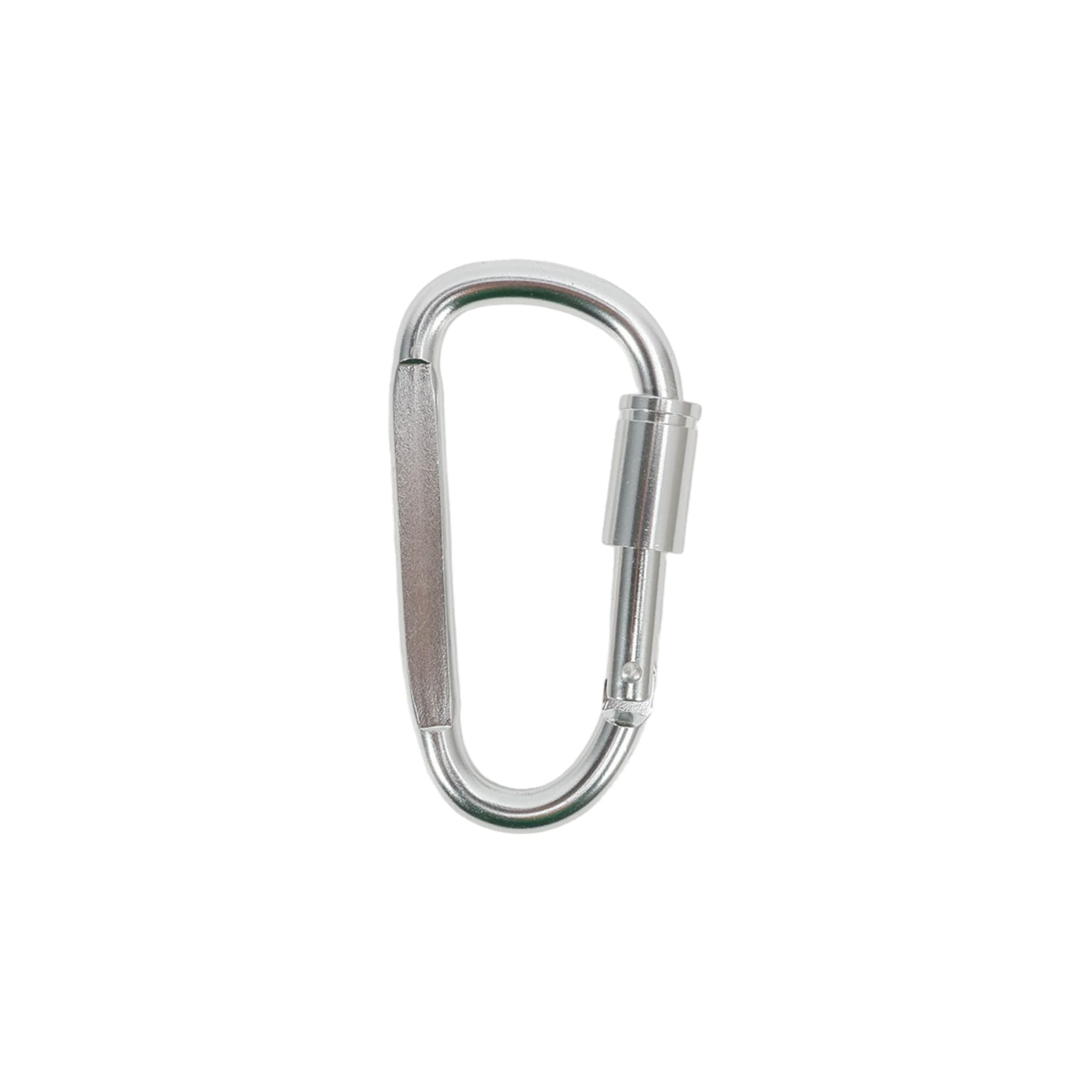 A silver D-shaped camping carabiner with a screw lock mechanism and a smooth finish.