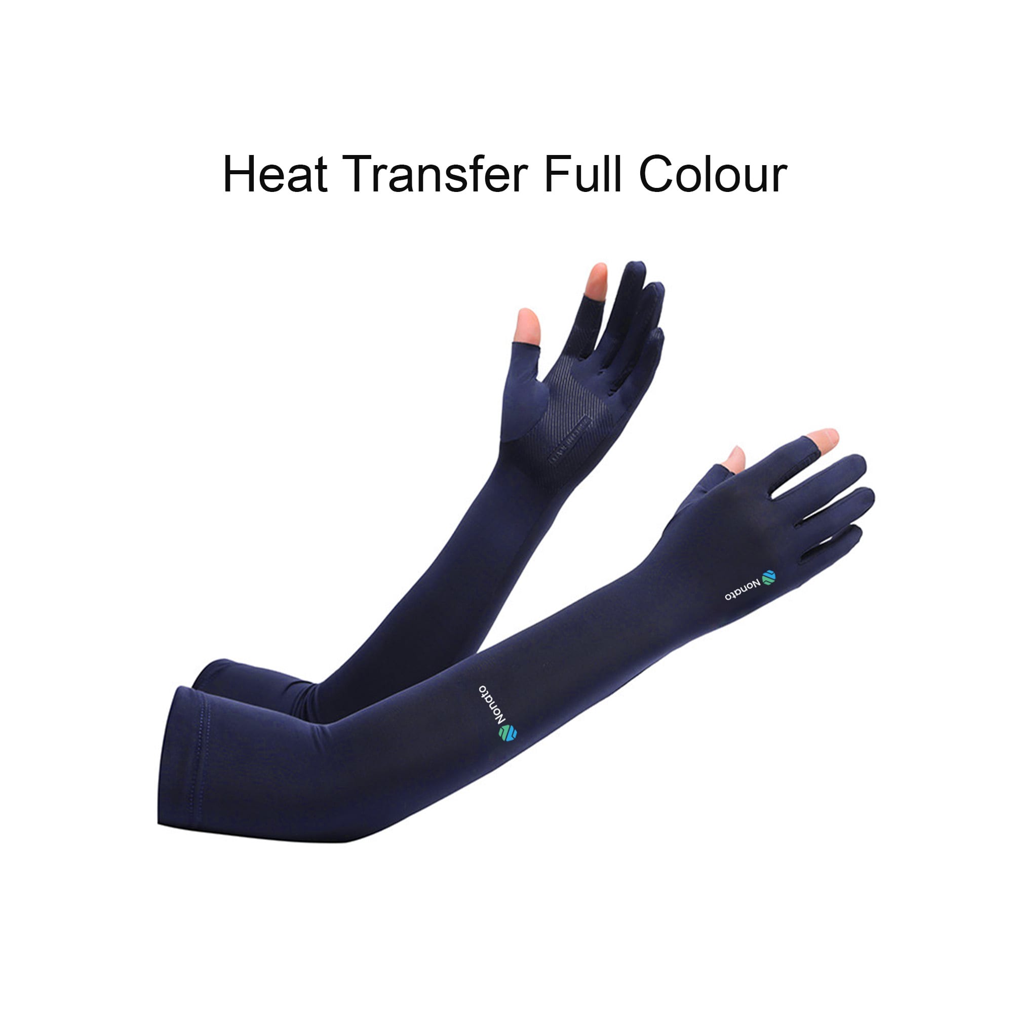 Long sleeve navy sun protective gloves with two open fingers, featuring a logo.