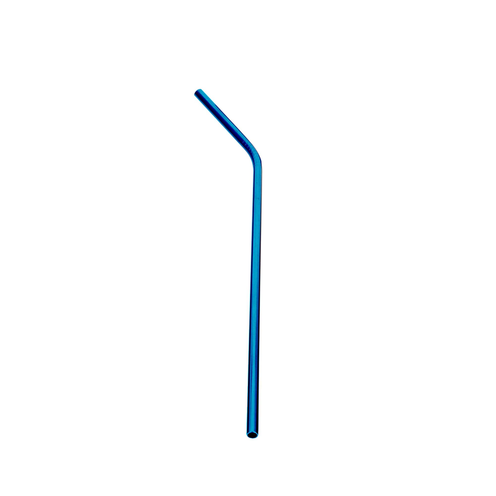 A blue stainless steel straw with a slight bend, suitable for drinking beverages. Features a logo.