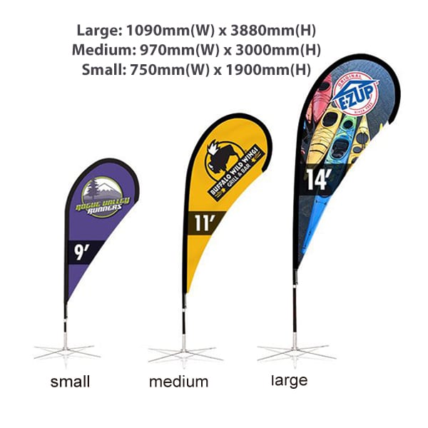 Medium teardrop banners in various sizes. The medium banner is 970mm wide and 3000mm high, featuring vibrant designs.