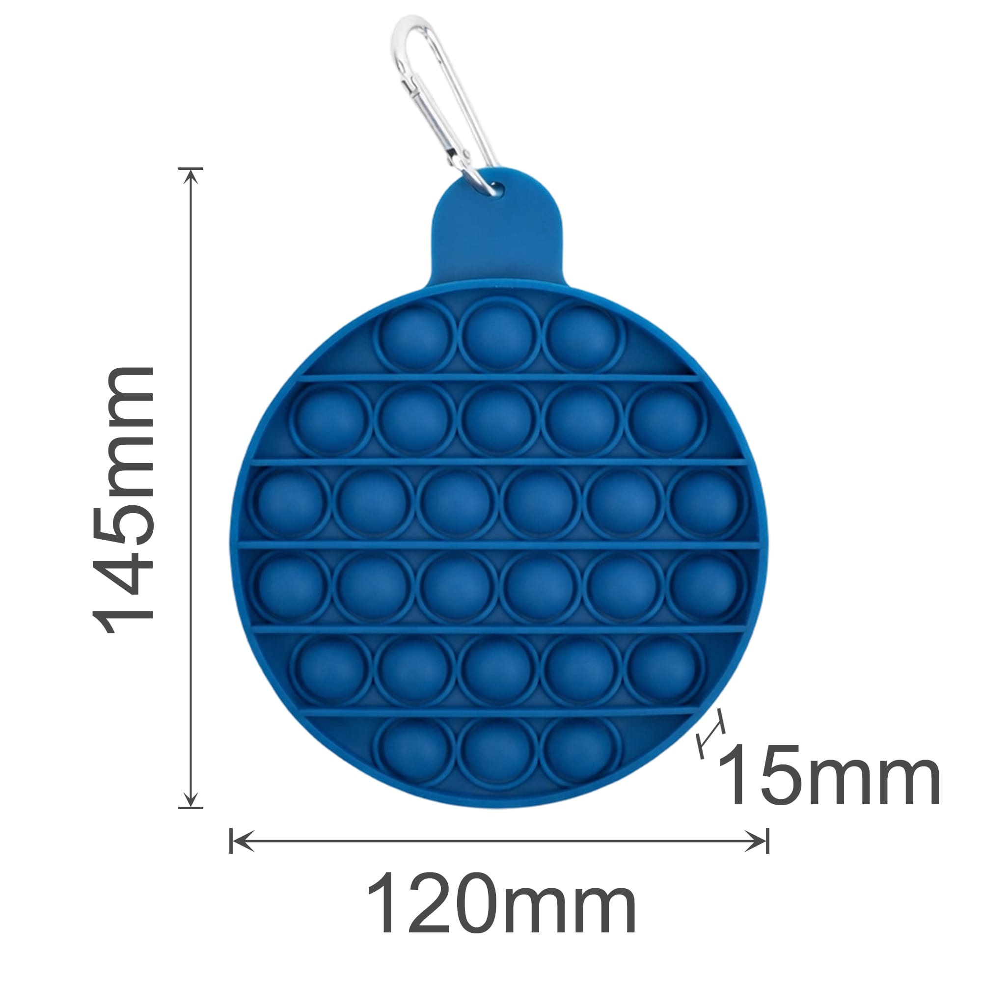 A round blue bubble board featuring multiple poppable bubbles, with dimensions and a clip for attachment.