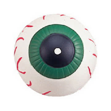 A round stress ball designed to resemble an eyeball, featuring green, black, and white colours with red detailing.