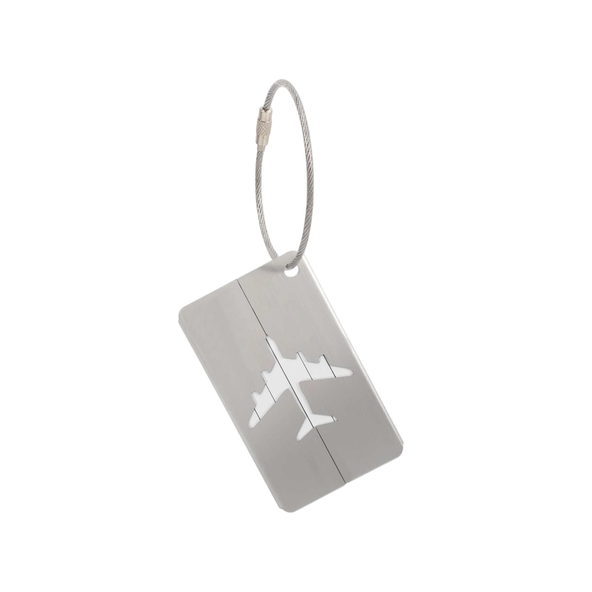 A rectangular silver luggage tag with an airplane design and a metal cable loop for attachment.