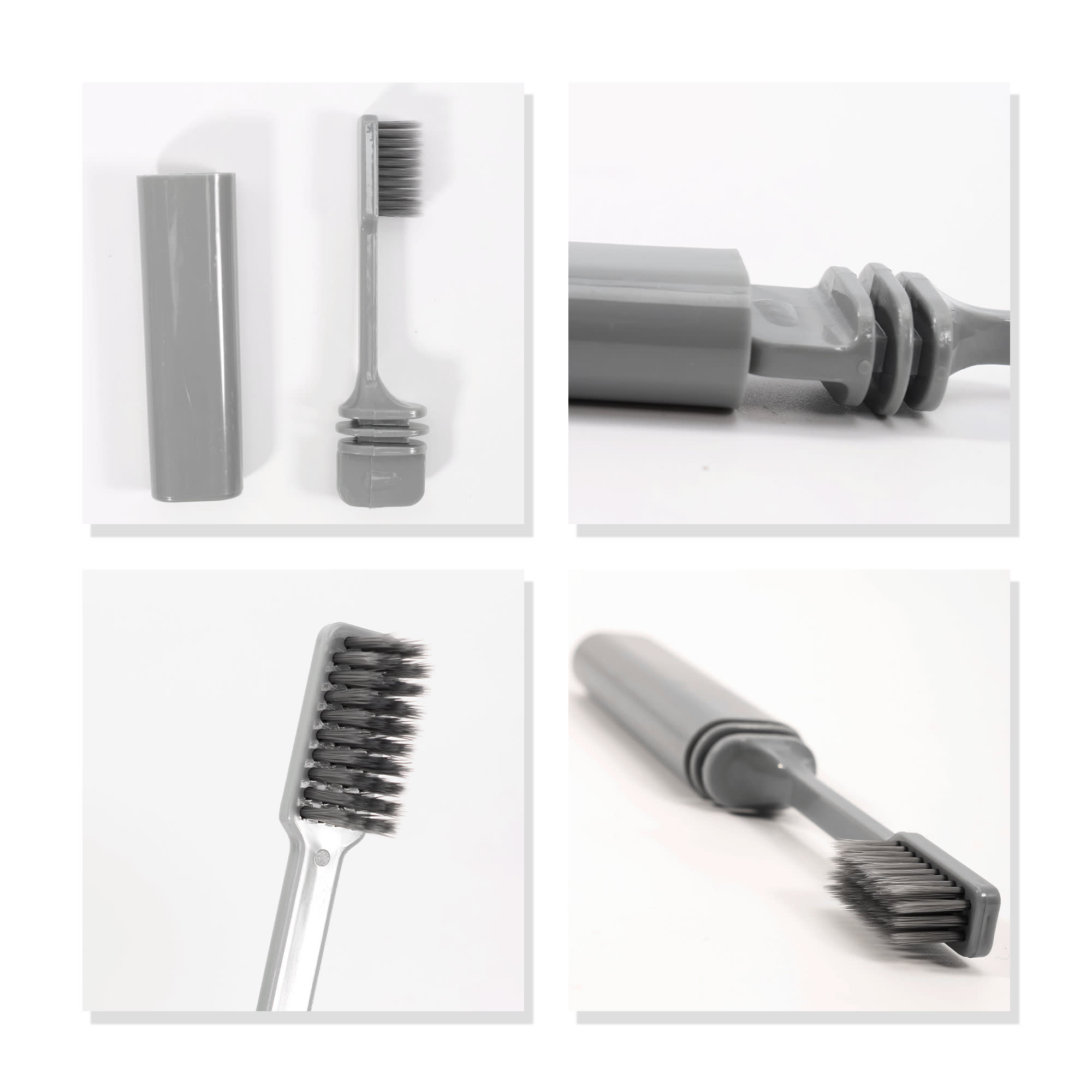 A foldable toothbrush in grey, showcasing its compact design and storage case. Features a brush head and handle.