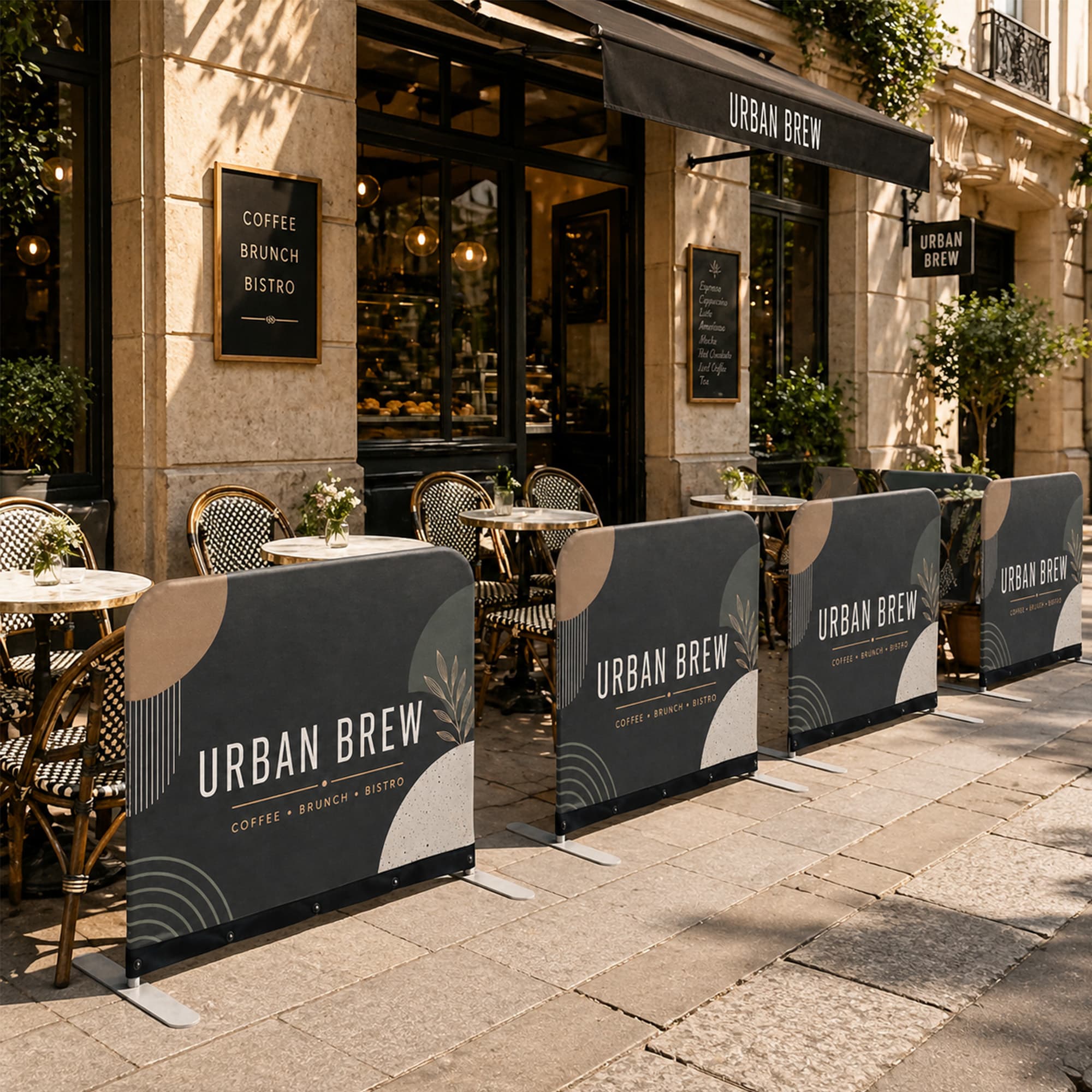 A series of black cafe barriers featuring a logo, positioned outside a bistro with outdoor seating.