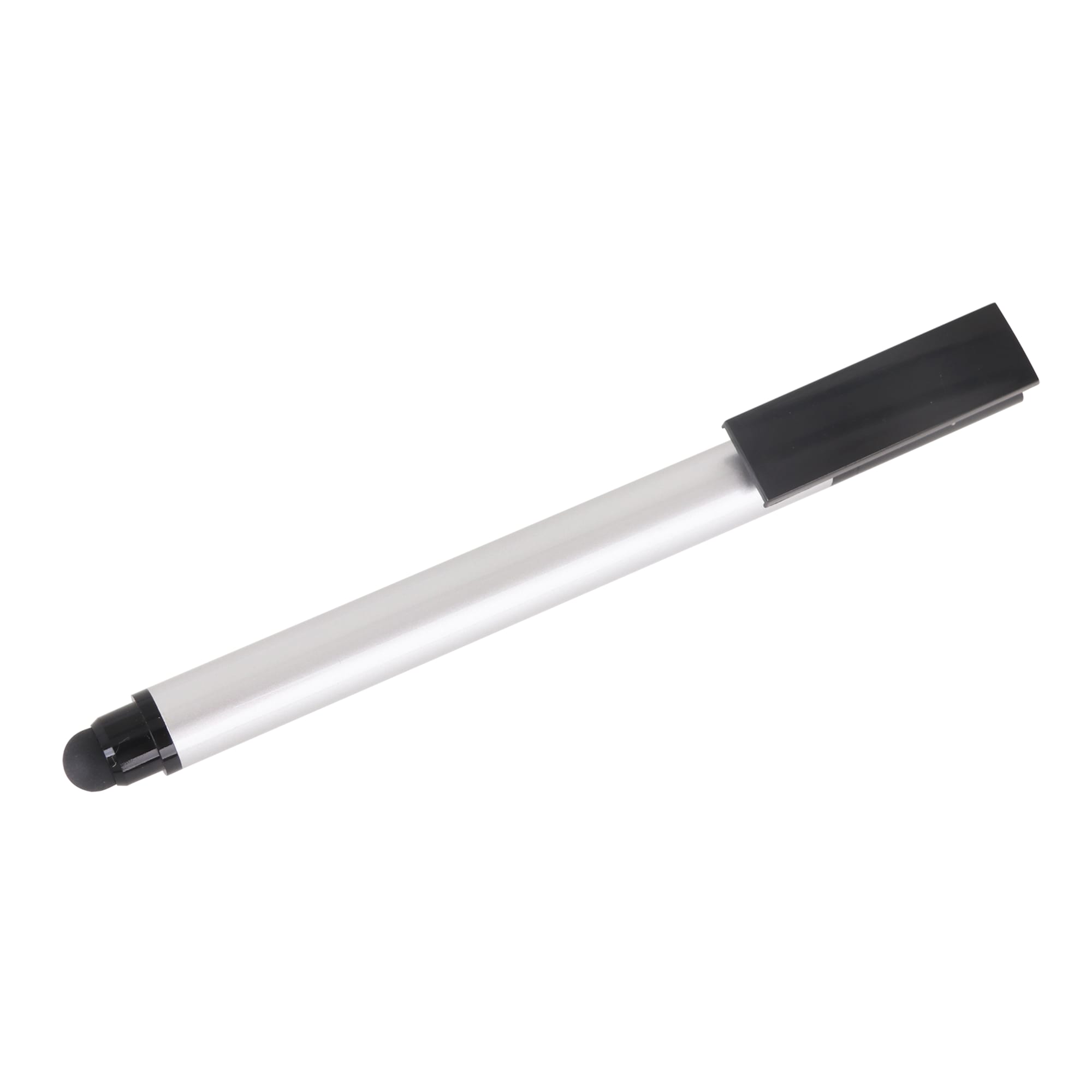 A silver and black 3 in 1 stylus USB pen with a rounded tip, featuring a clip and a branding logo.