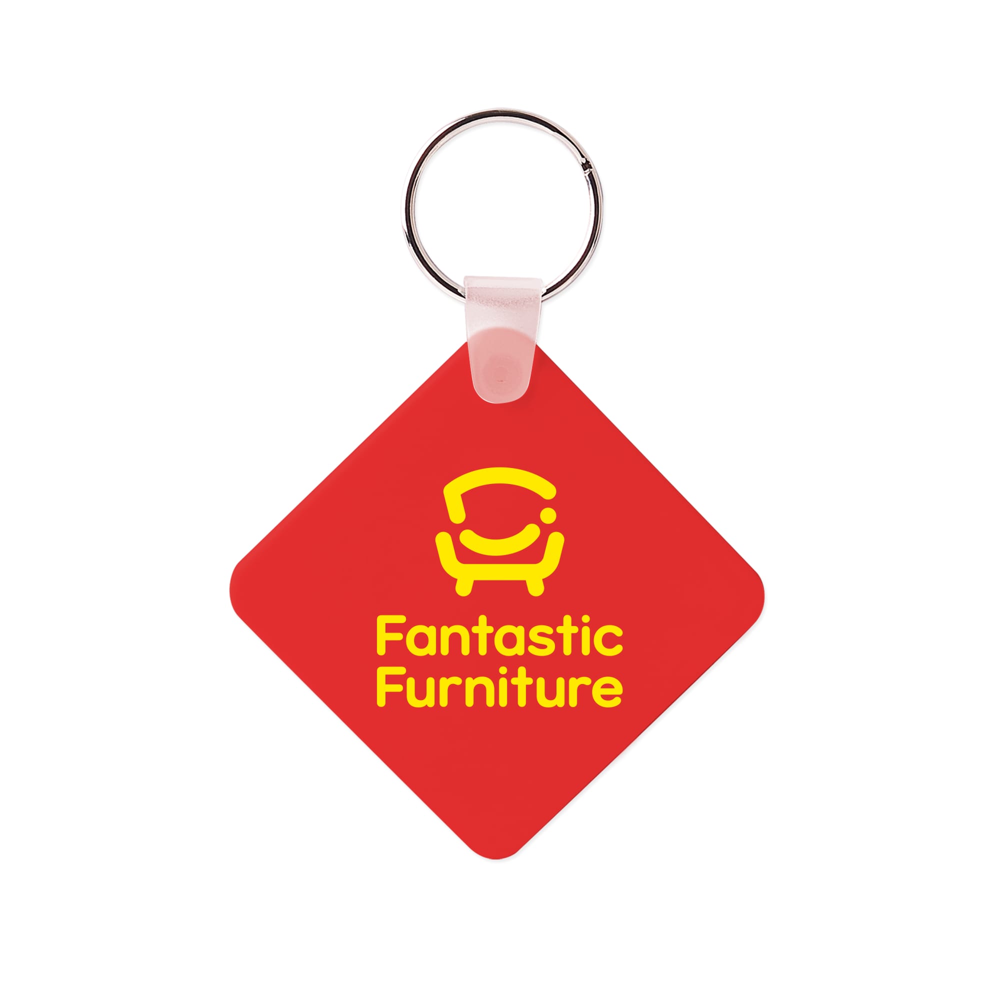 A square, red keyring with a silver metal keychain and a logo on one side.