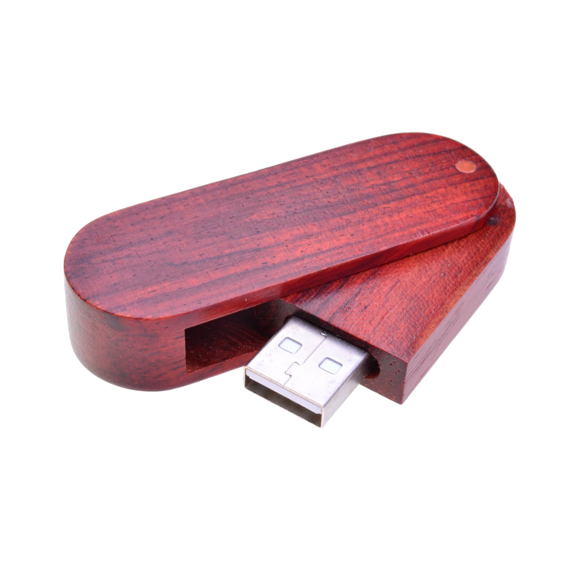 A swivel wooden flash drive in a rich brown colour with a sliding mechanism and a USB connector.