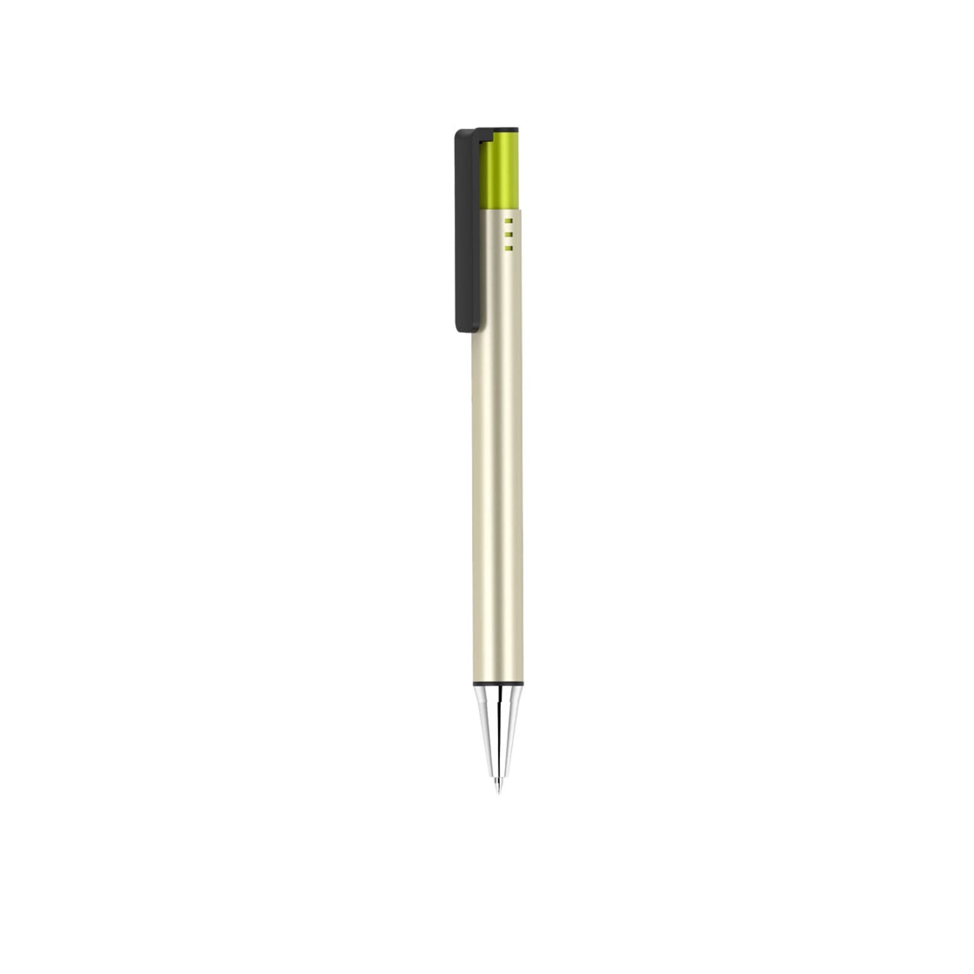 A silver and green pen with a sleek design and a clip, featuring a branding logo.