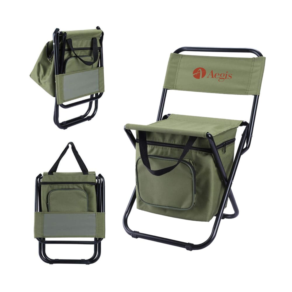 A green foldable camping chair with a cooler bag, featuring a black metal frame and a logo on the backrest.