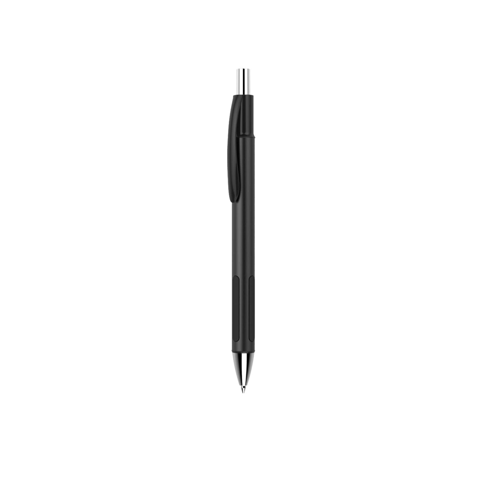 A black plastic pen with a silver tip and a clip, featuring a simple design and a logo.