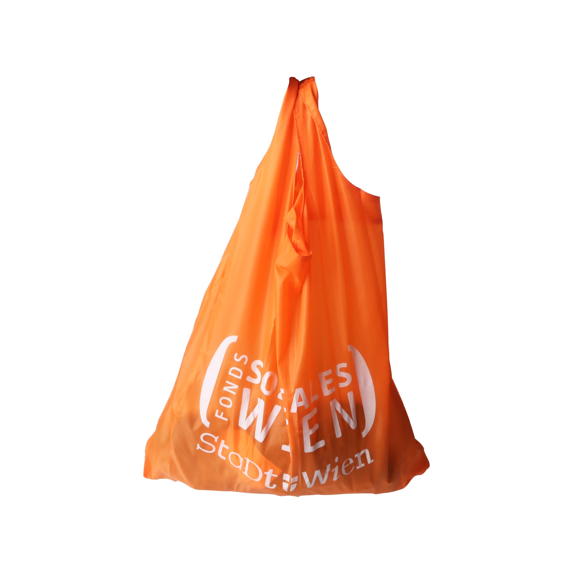 An orange foldable shopping tote bag with a design and a branding logo.