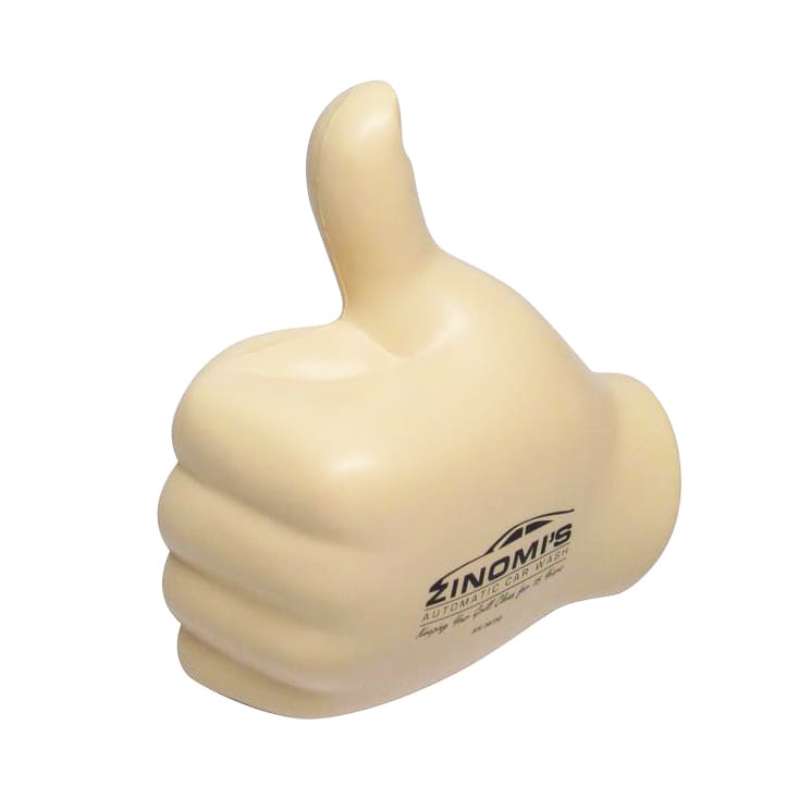 A cream-coloured thumb-shaped stress reliever with a logo on it, featuring a three-dimensional design.