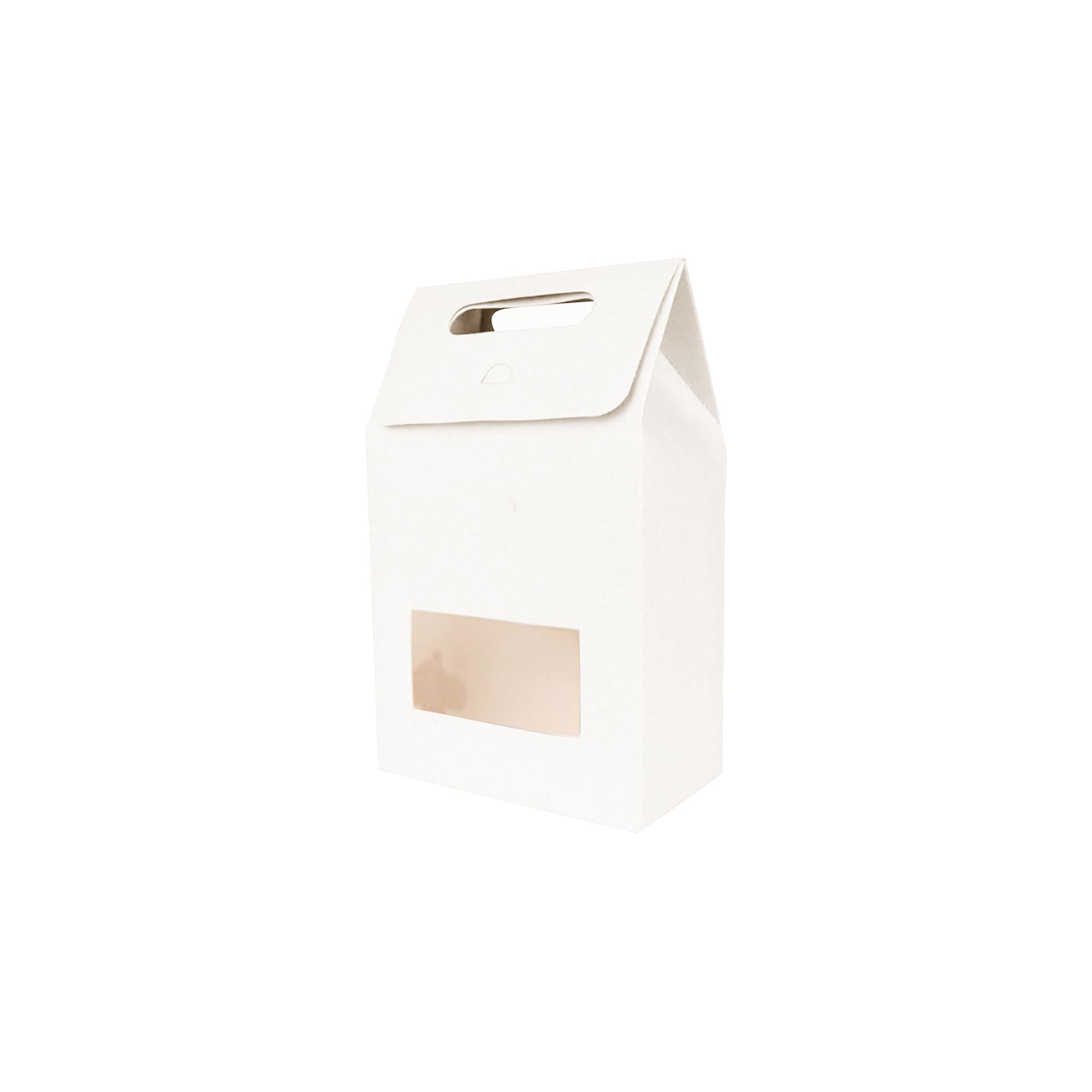 A white die-cut handle bag with a transparent window, featuring a triangular top and a handle for easy carrying.