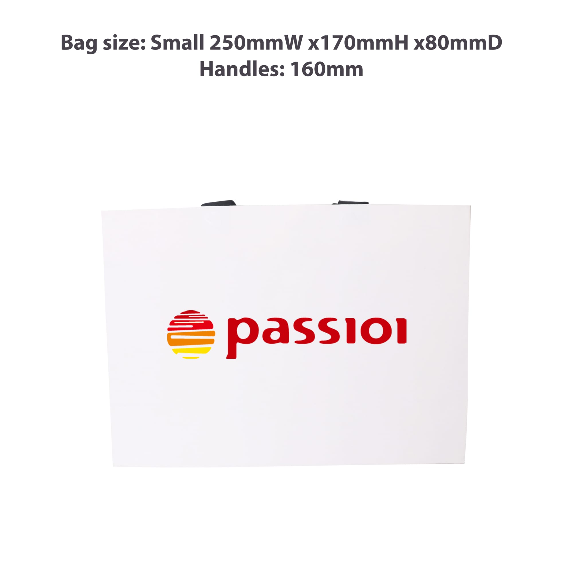 A small white paper bag with flat black handles and a logo printed on the front. Measures 250 x 170 x 80mm.