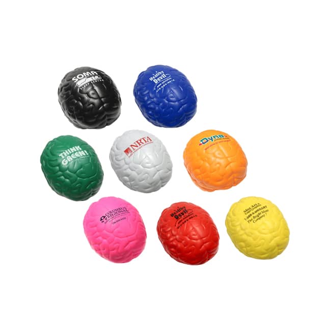 A collection of brain-shaped stress relievers in various colours, including black, blue, green, white, orange, pink, red, and yellow.