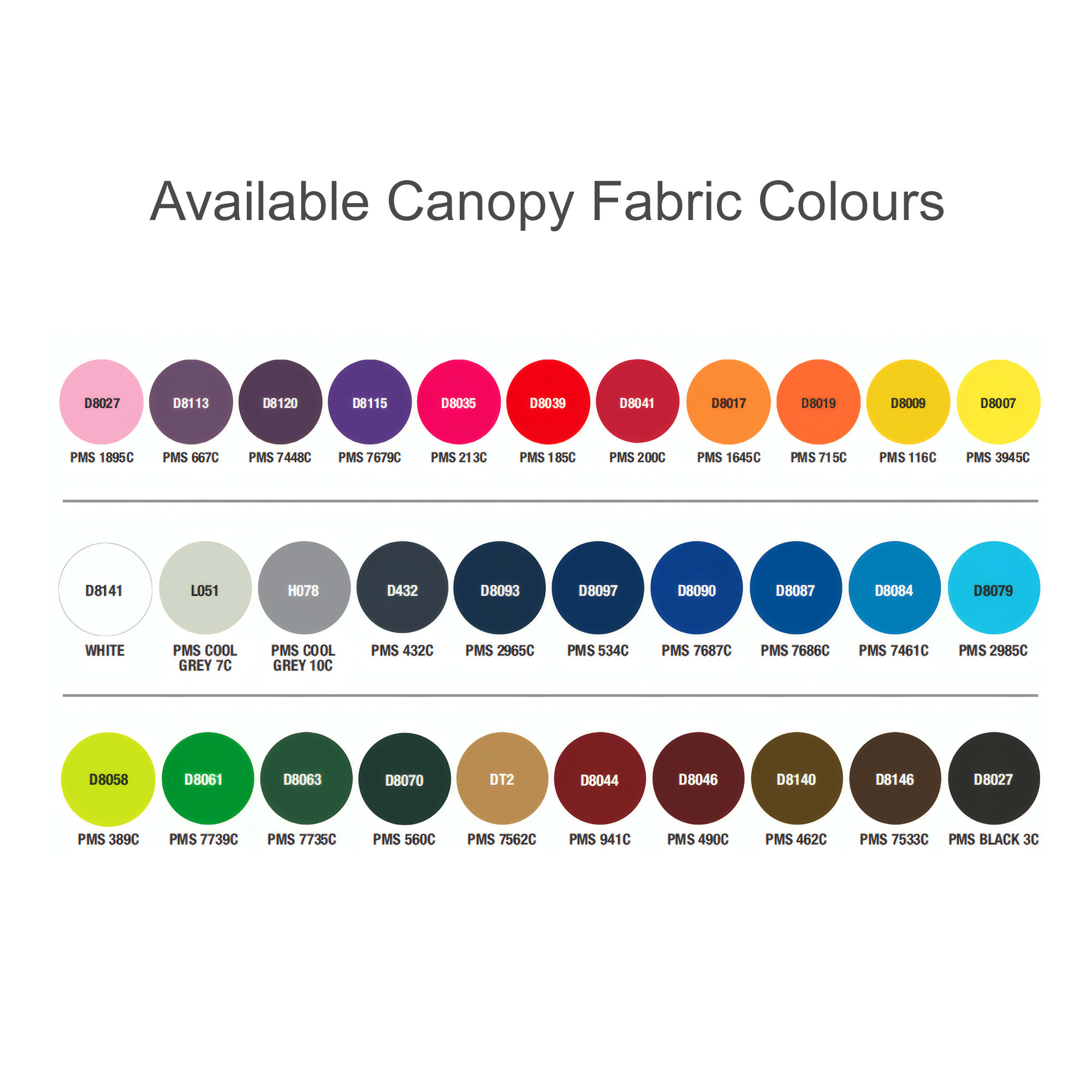 A variety of canopy fabric colours for a 23'' colour changing umbrella, featuring shades from pink to brown.