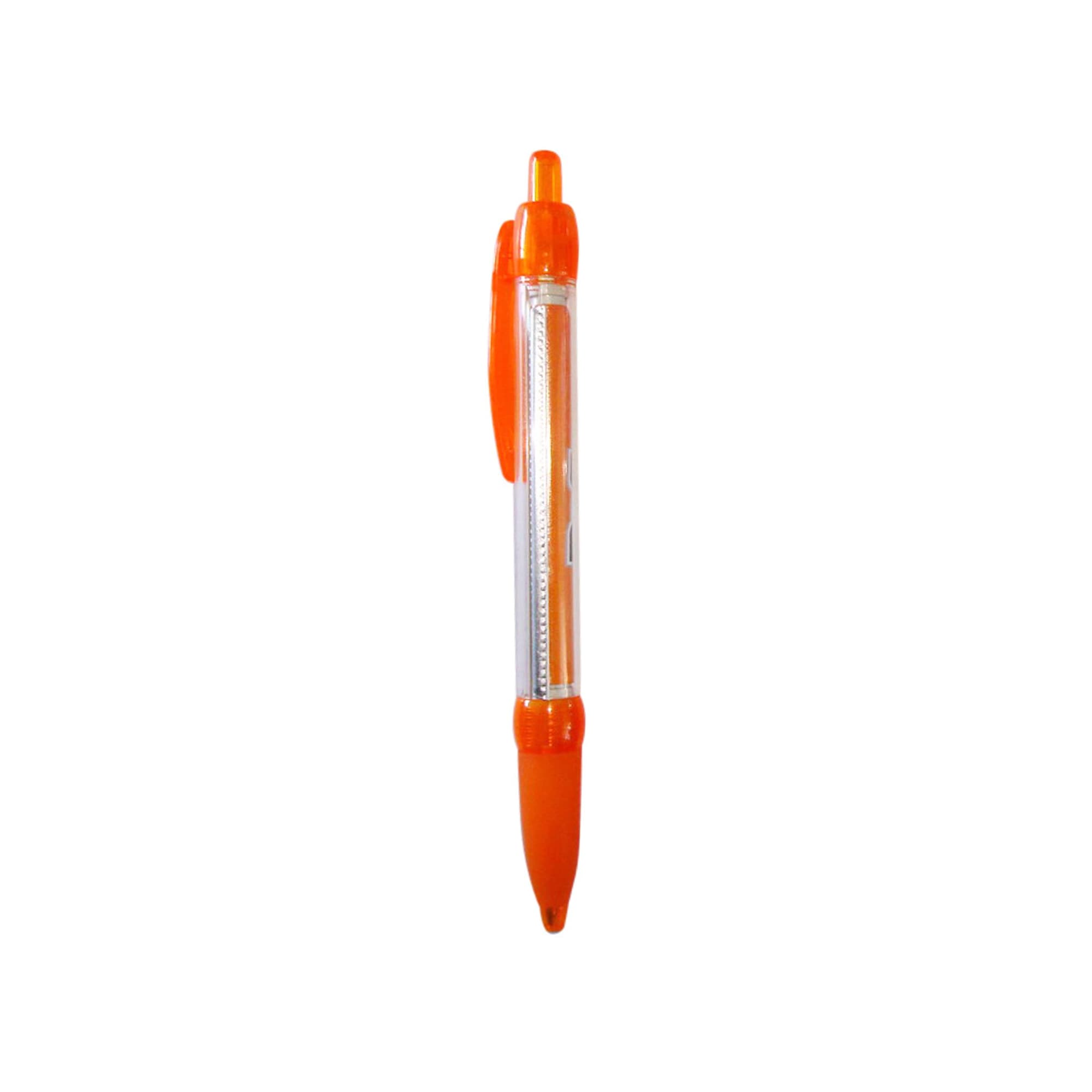 An orange plastic pen with a translucent barrel and a clip feature. It also has branding on the barrel.