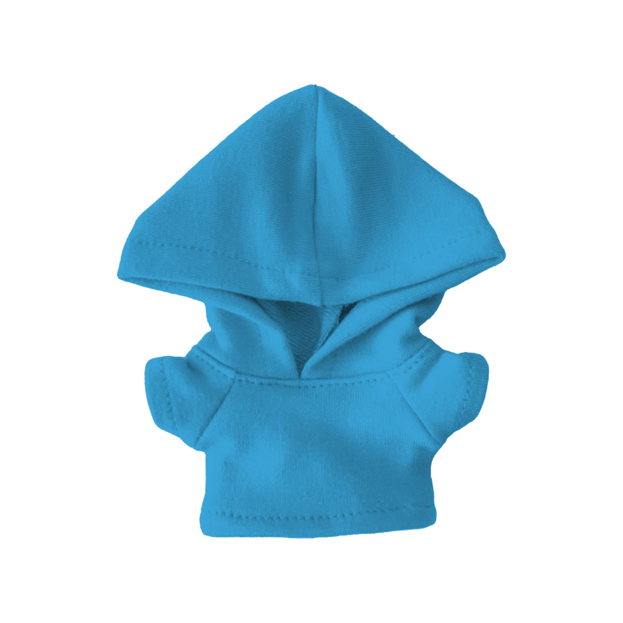 A bright blue plush doll hoodie with a hood and short sleeves, featuring a simple design and no visible branding.