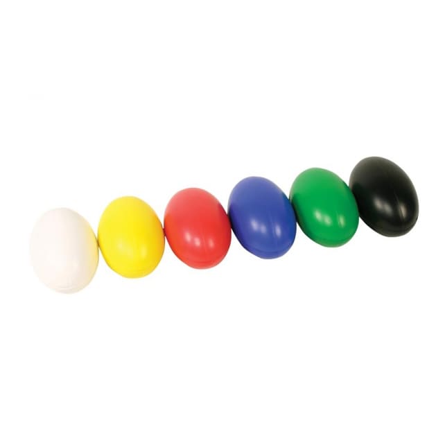 A set of six smooth, oval stress balls in white, yellow, red, blue, green, and black, arranged in a row.