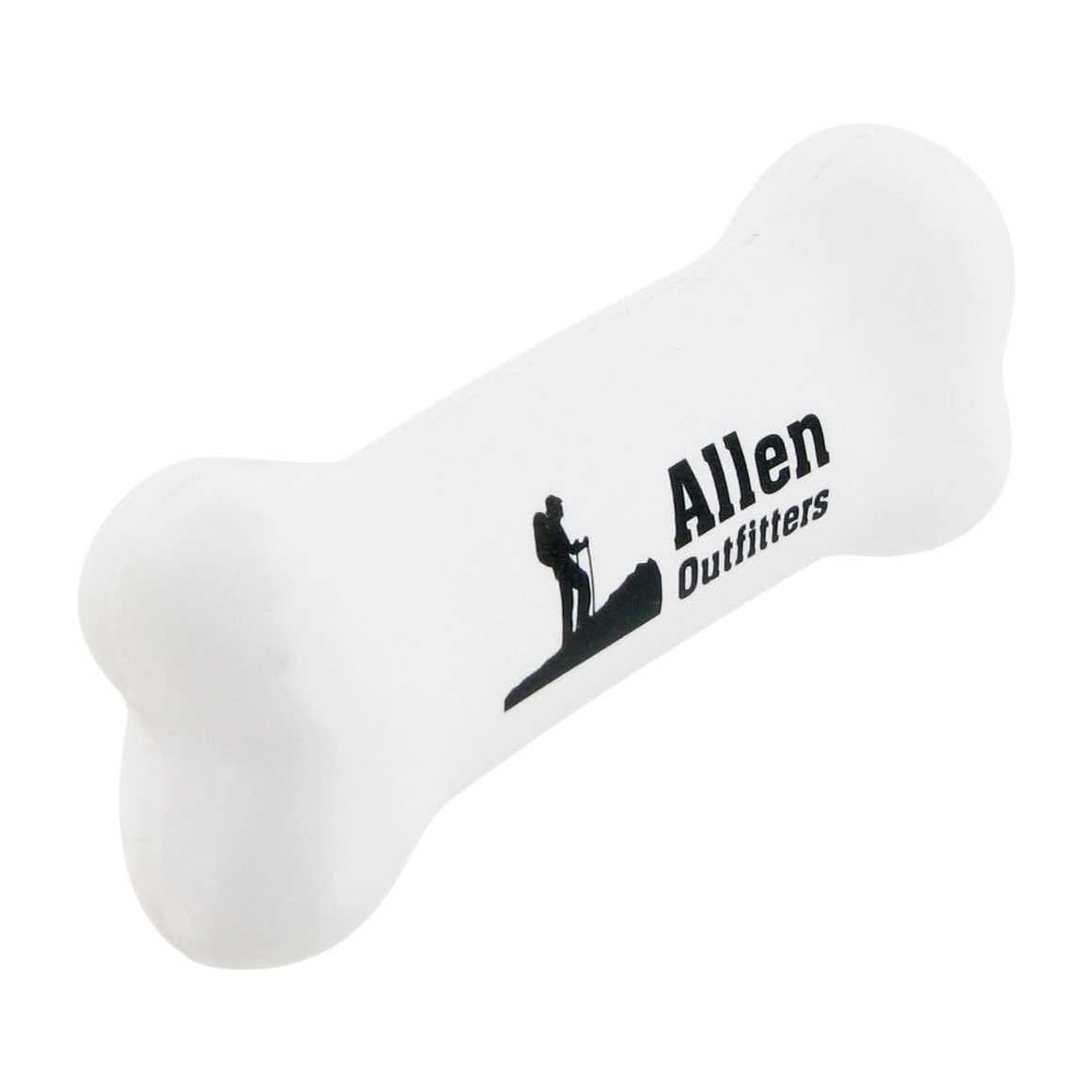 A white bone-shaped stress reliever with a logo, designed for fun and stress relief.
