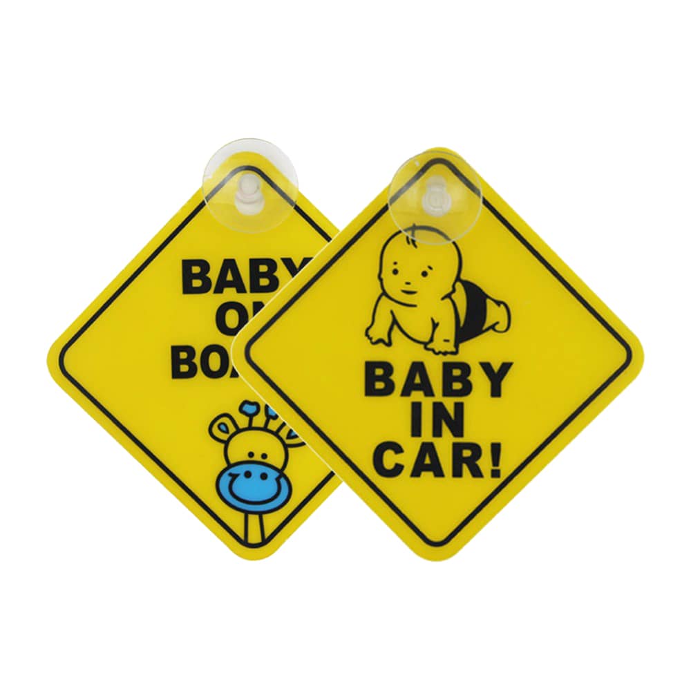 A yellow diamond-shaped sign with playful graphics, featuring a baby and a cartoon bee, designed for car windows.